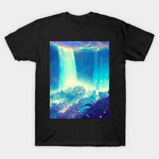 Fantasy village under waterfall painting T-Shirt